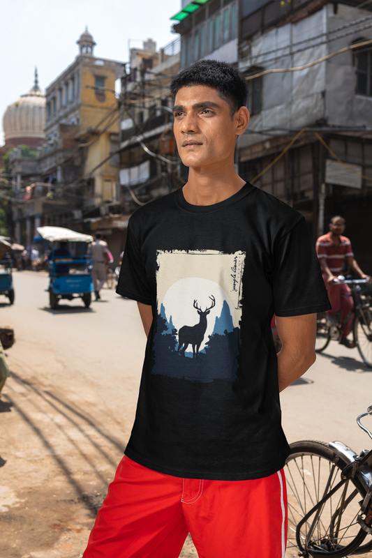 Jungle Diaries Deer - A Premium Black printed designed cottton round neck T-shirt (Black)