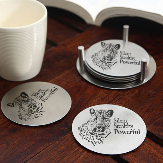 Leopard - Keep Your Drinks in Place with Premium Anti-Slip Stainless Steel Message Coasters Set (Set of 7)