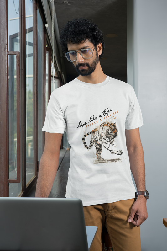 Live Like a Tiger - Stylish Modern Round Neck Cotton Printed T-Shirt (White)